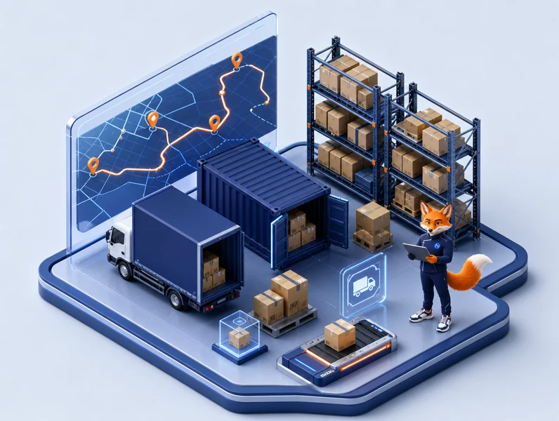 Minh họa 3D giải pháp logistics với mascot cáo Nev