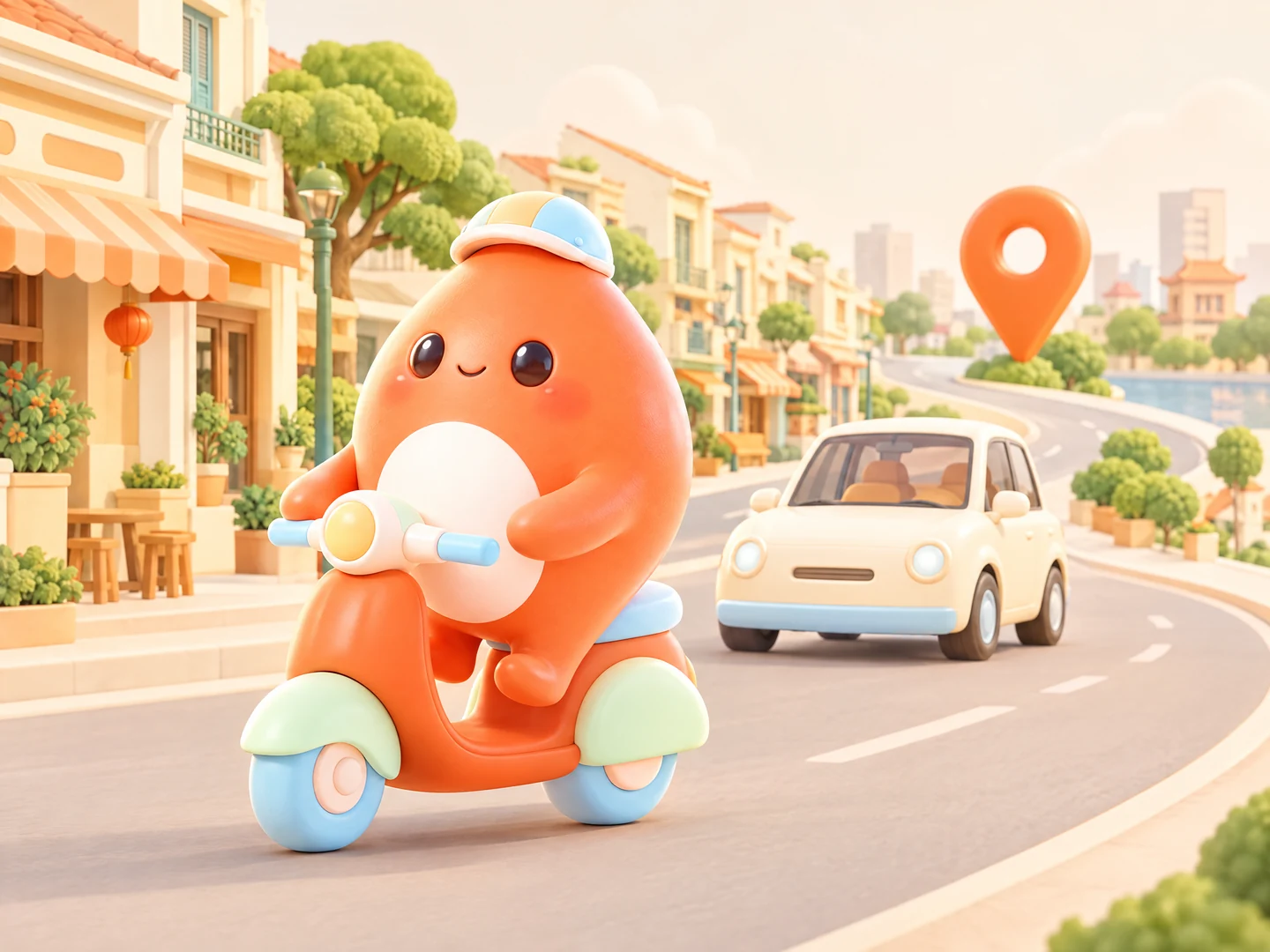 Mascot Quanh màu cam lái xe máy qua khu phố, cùng ô tô và biểu tượng vị trí